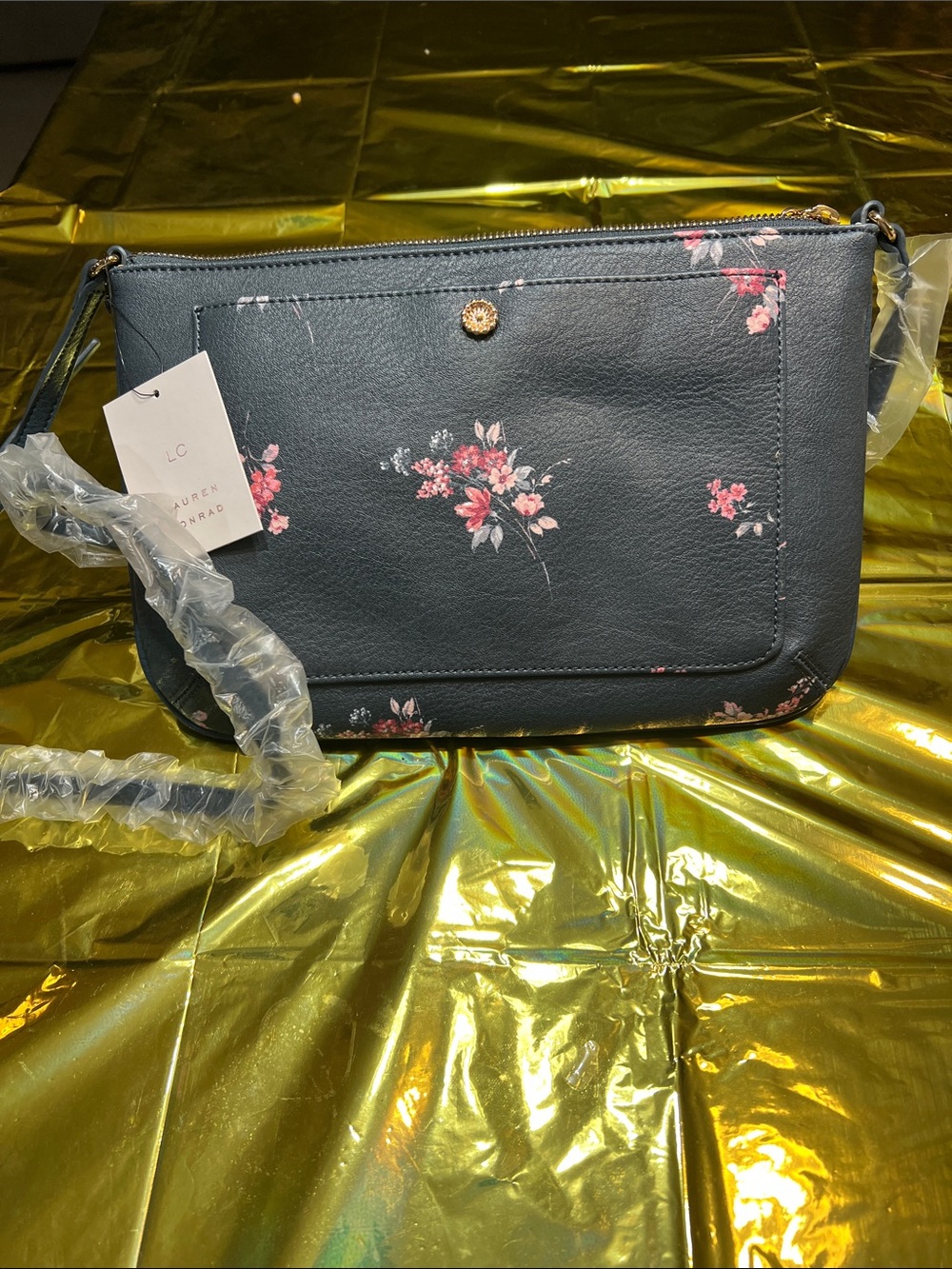 LC Lauren Conrad Navy Blue Crossbody Bag with Pink Floral Print - Picture 2 of 5